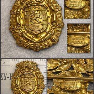 Vintage Miriam Haskell Gold Tone Heraldic Crest Brooch Signed Designer Statement